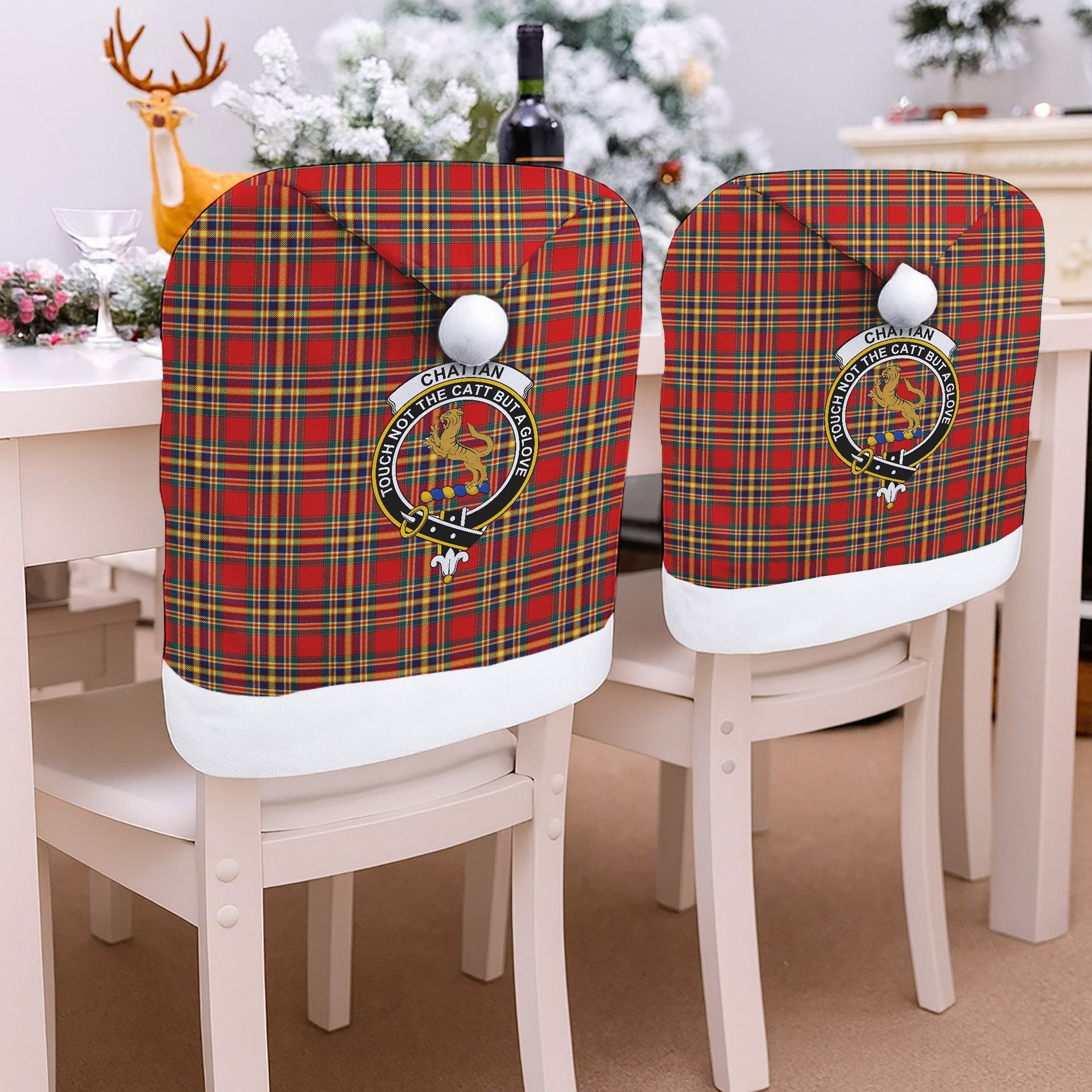 ScotsTee Shop Scottish Chattan Modern Crest Tartan Santa Hat Christmas Chair Covers Decoration Table Dinner
