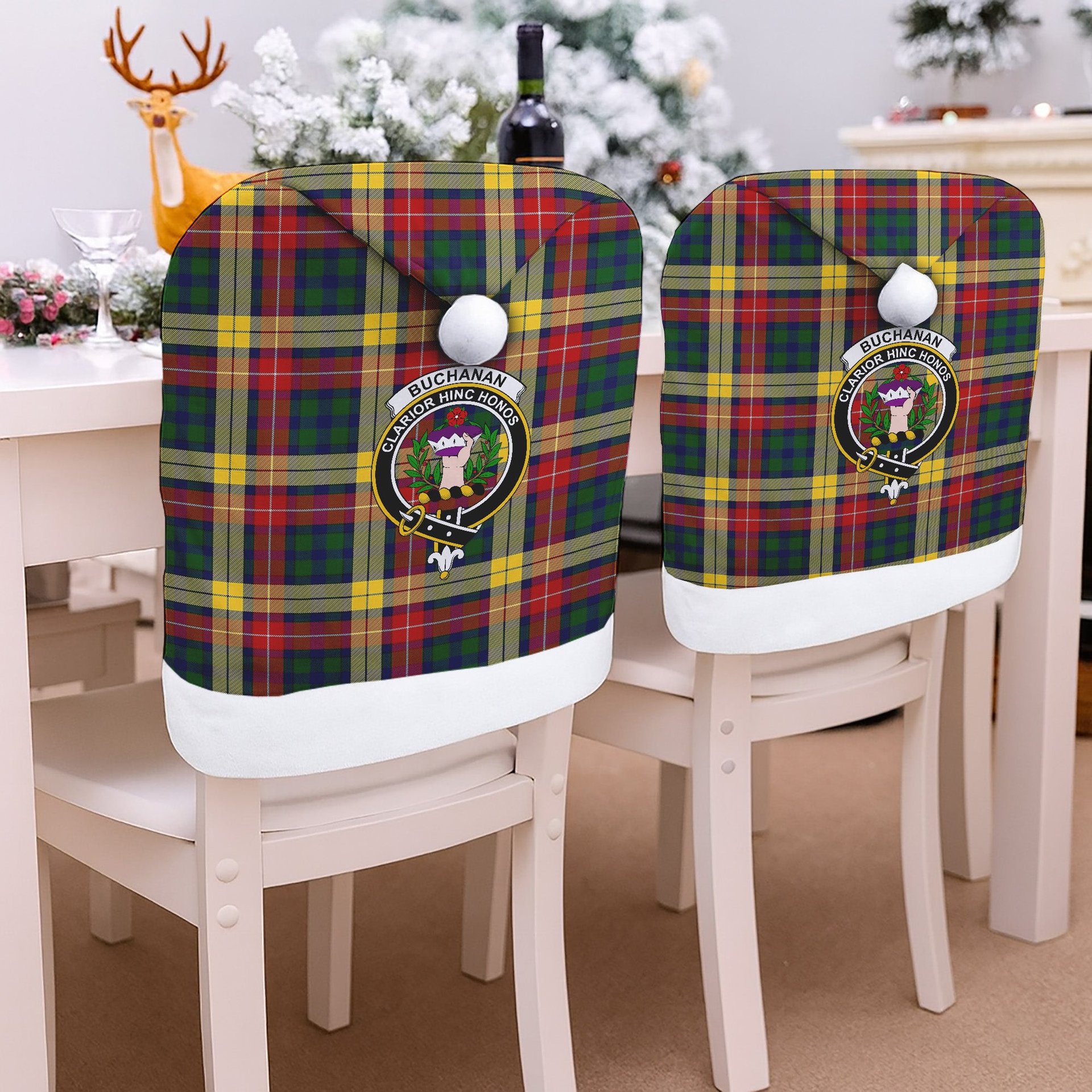 ScotsTee Shop Scottish Buchanan Crest Tartan Santa Hat Christmas Chair Covers Decoration Table Dinner