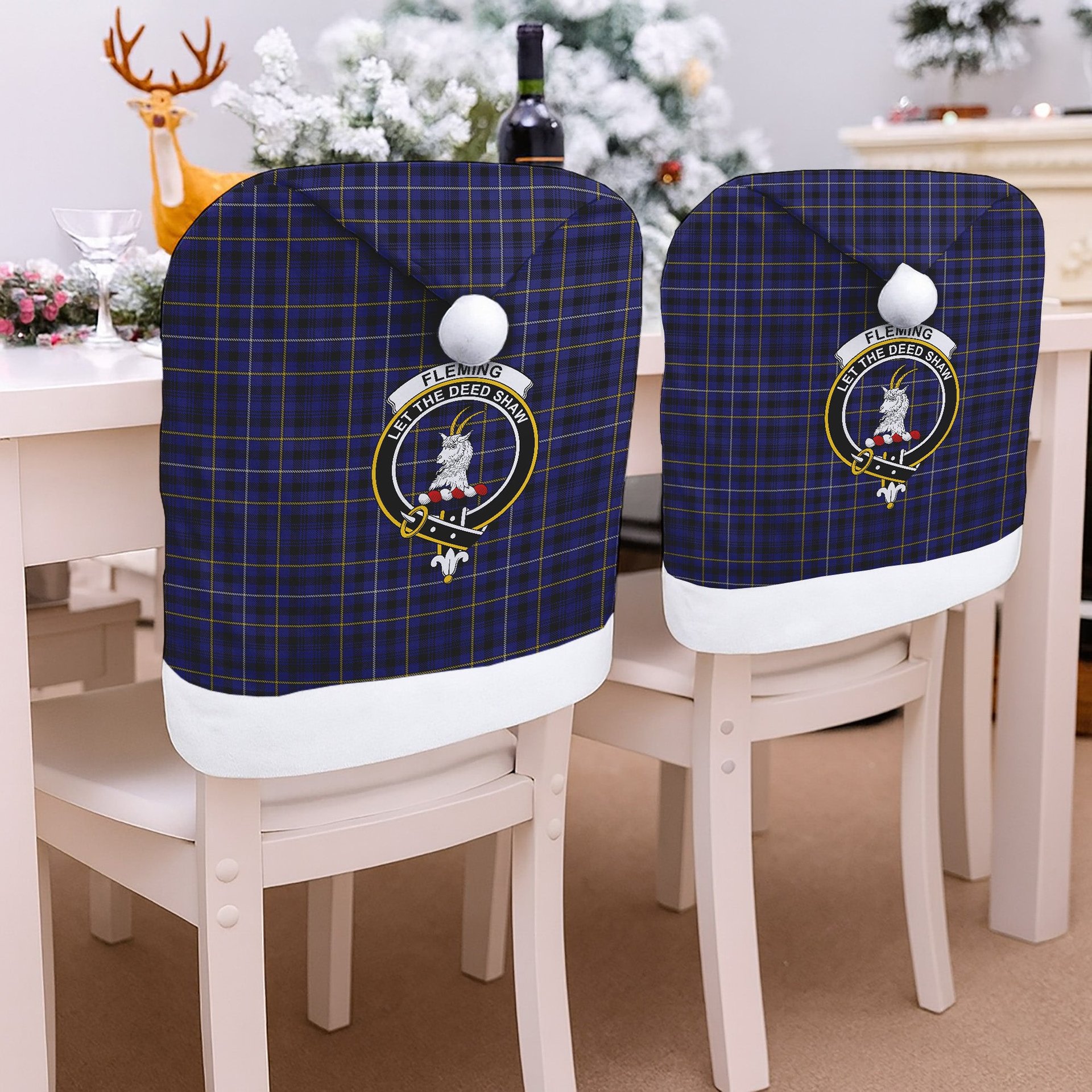 ScotsTee Shop Scottish Fleming Crest Tartan Santa Hat Christmas Chair Covers Decoration Table Dinner