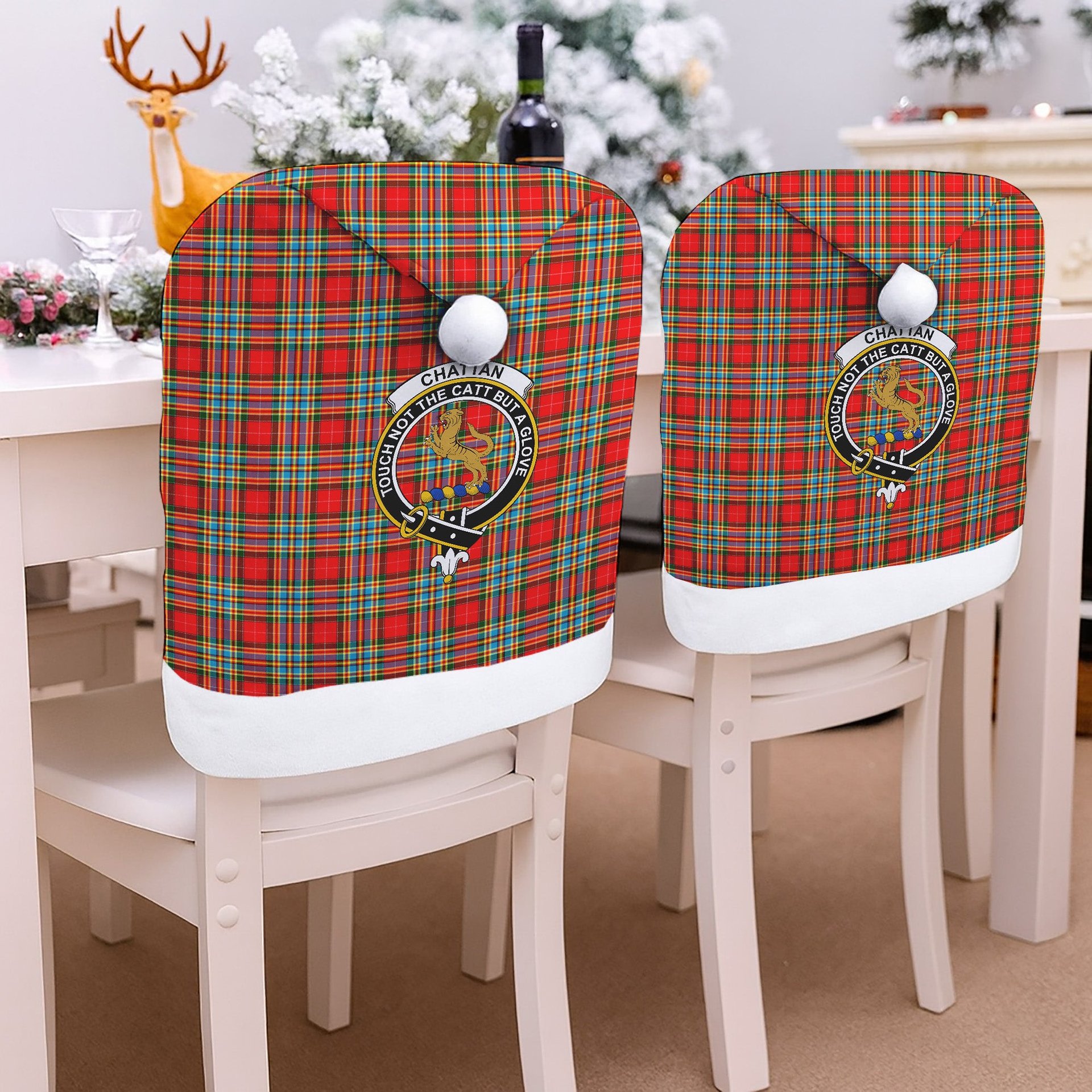 ScotsTee Shop Scottish Chattan Crest Tartan Santa Hat Christmas Chair Covers Decoration Table Dinner