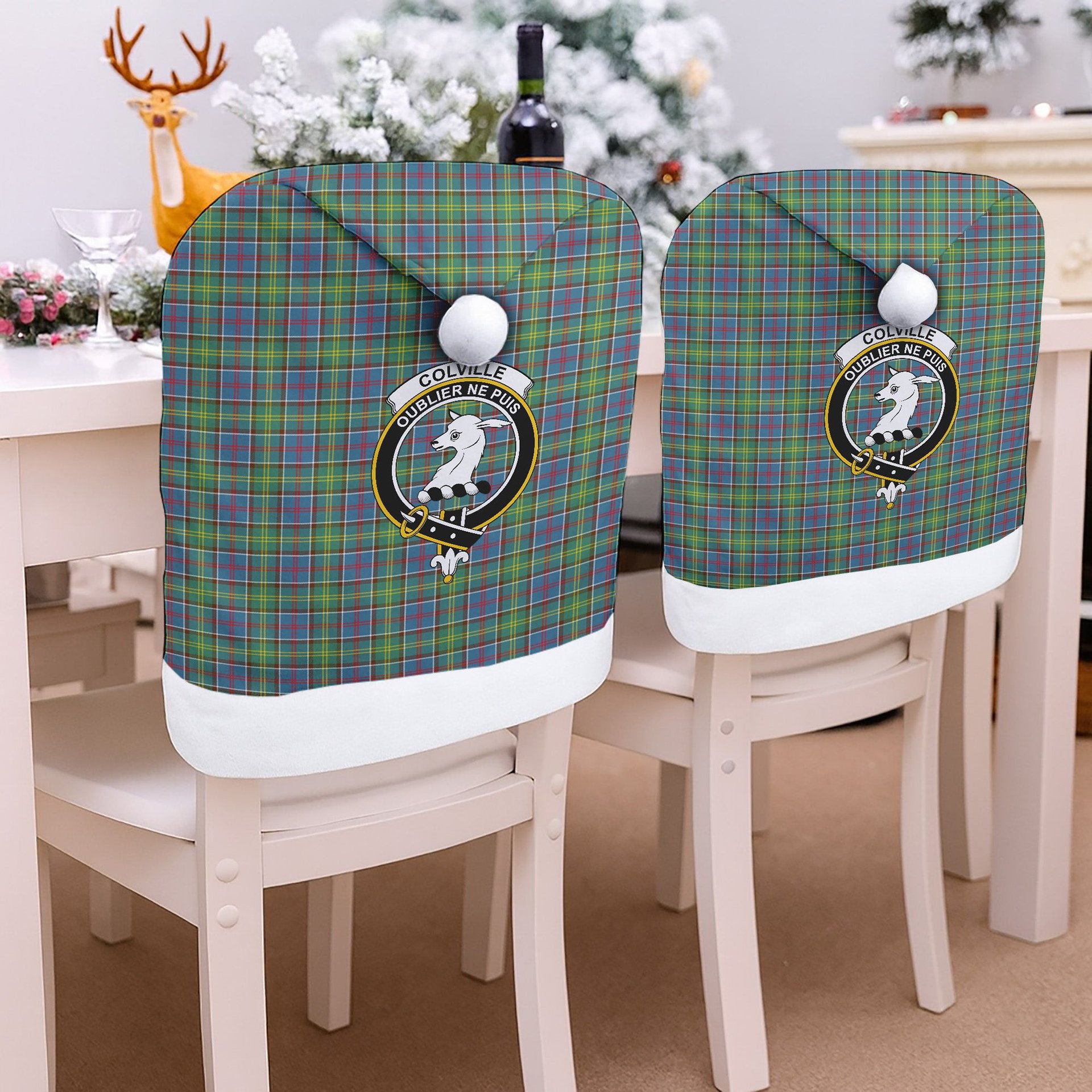 ScotsTee Shop Scottish Colville Crest Tartan Santa Hat Christmas Chair Covers Decoration Table Dinner