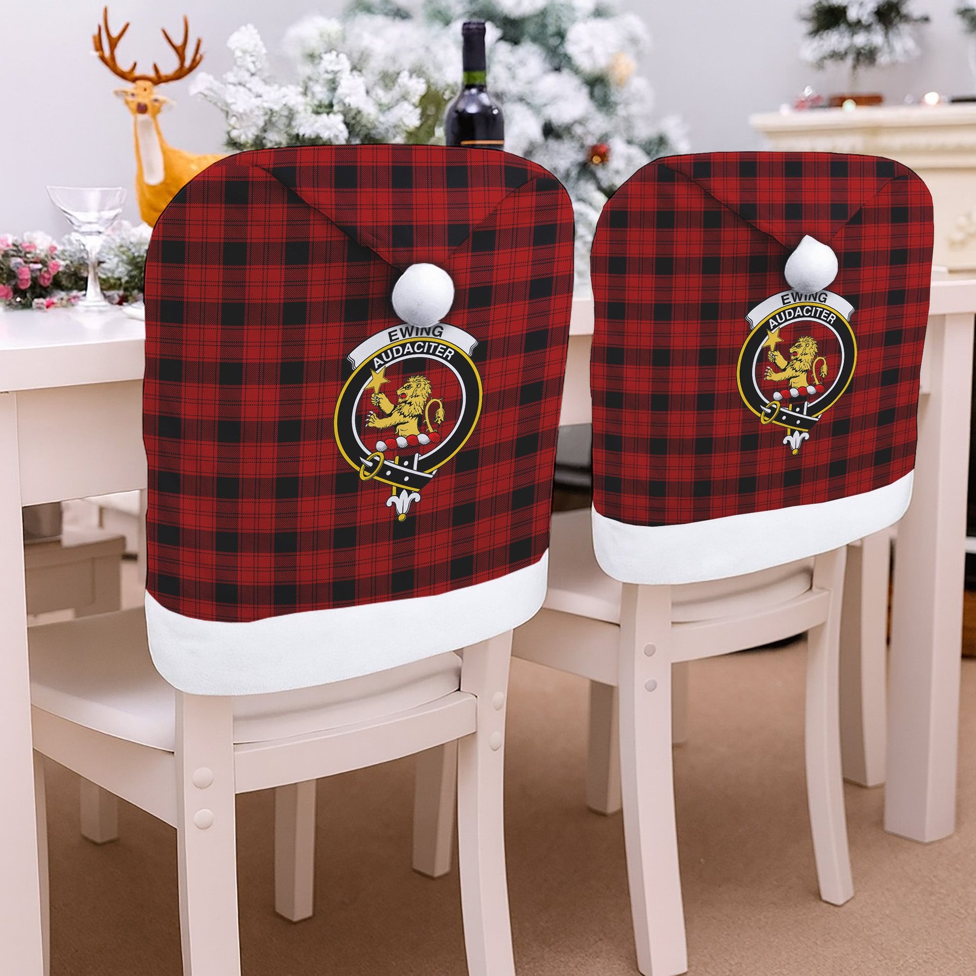 ScotsTee Shop Scottish Ewing Crest Tartan Santa Hat Christmas Chair Covers Decoration Table Dinner