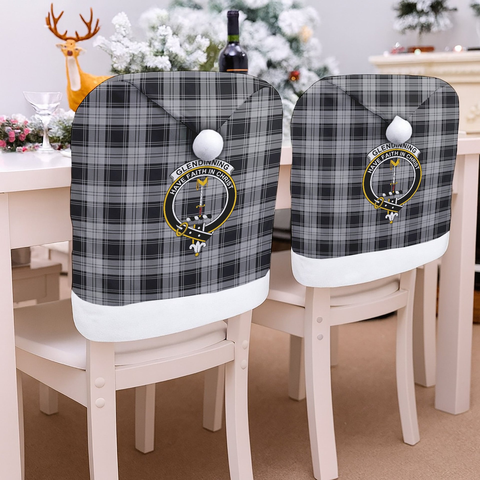 ScotsTee Shop Scottish Glendinning Crest Tartan Santa Hat Christmas Chair Covers Decoration Table Dinner