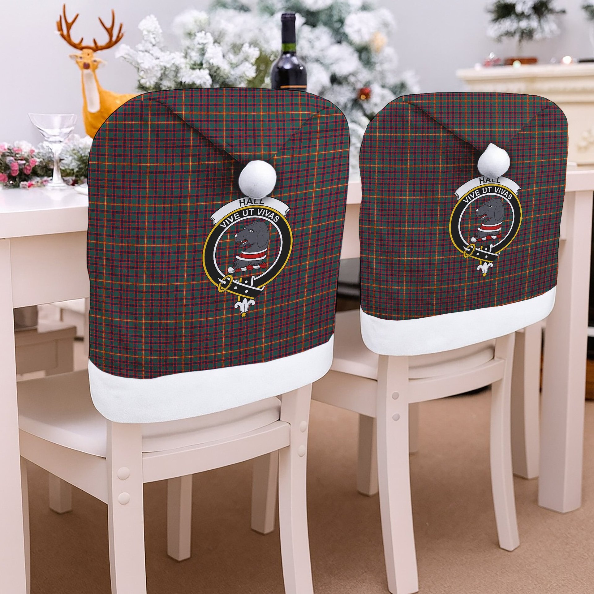 ScotsTee Shop Scottish Hall Modern Crest Tartan Santa Hat Christmas Chair Covers Decoration Table Dinner