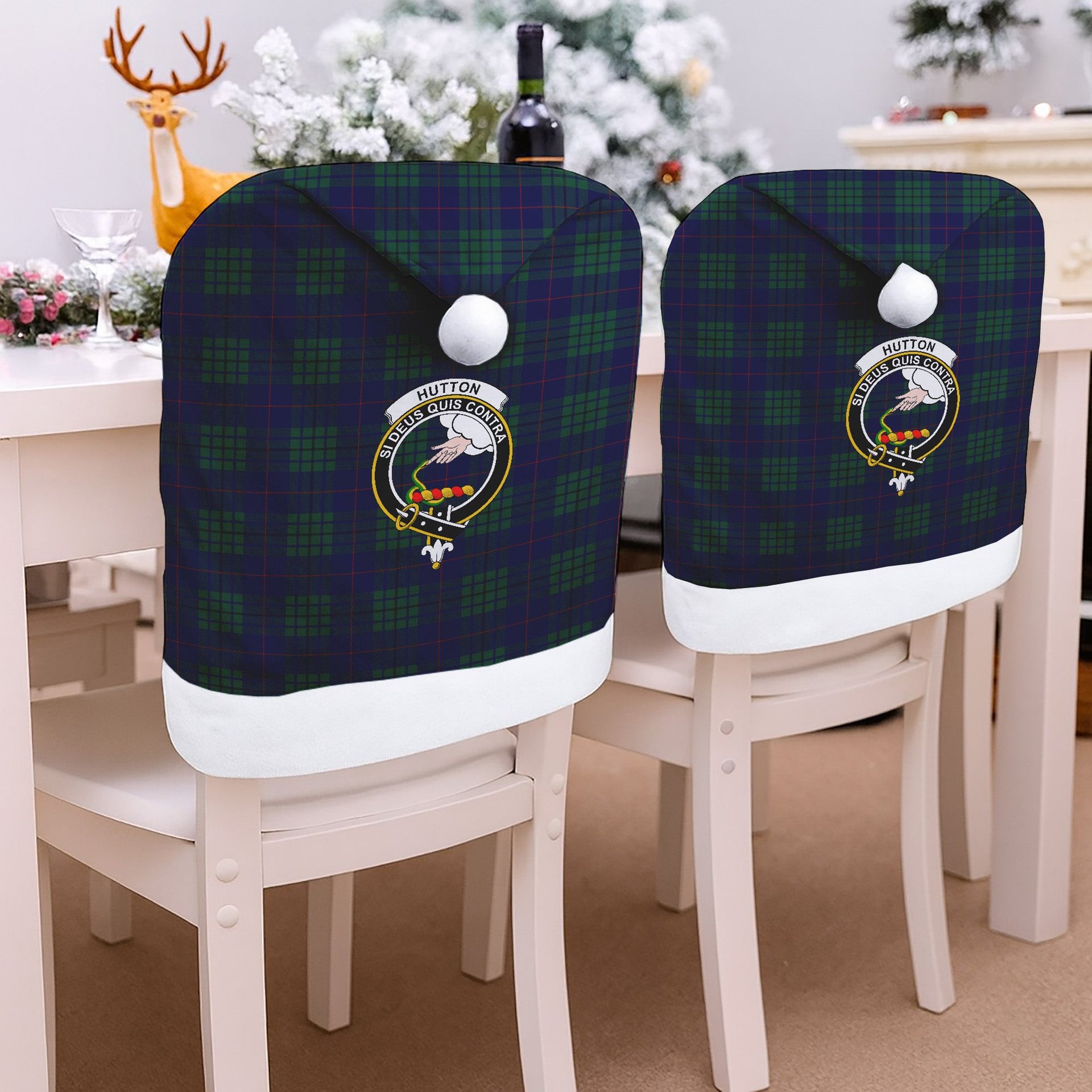 ScotsTee Shop Scottish Hutton Crest Tartan Santa Hat Christmas Chair Covers Decoration Table Dinner