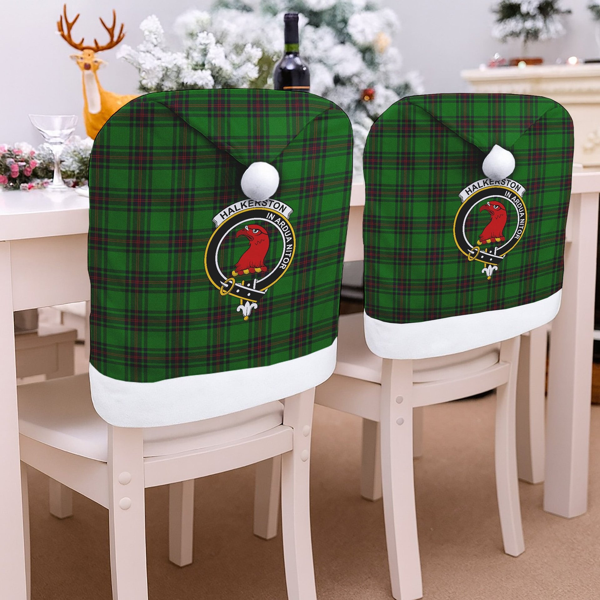 ScotsTee Shop Scottish Halkerston Crest Tartan Santa Hat Christmas Chair Covers Decoration Table Dinner