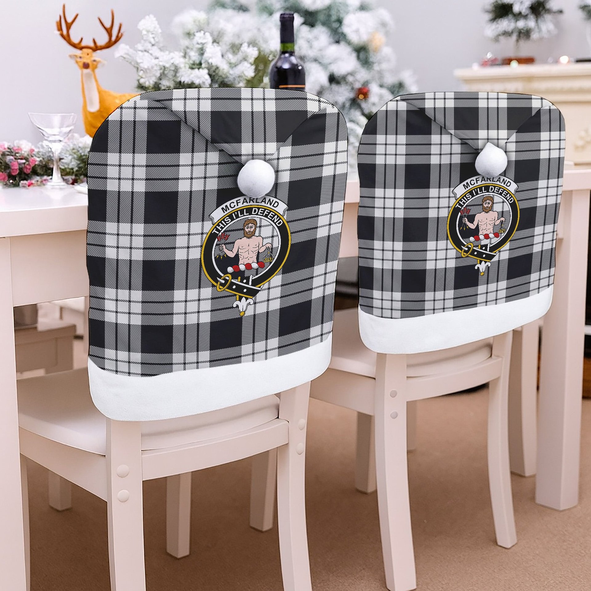 ScotsTee Shop Scottish McFarland Black White Crest Tartan Santa Hat Christmas Chair Covers Decoration Table Dinner