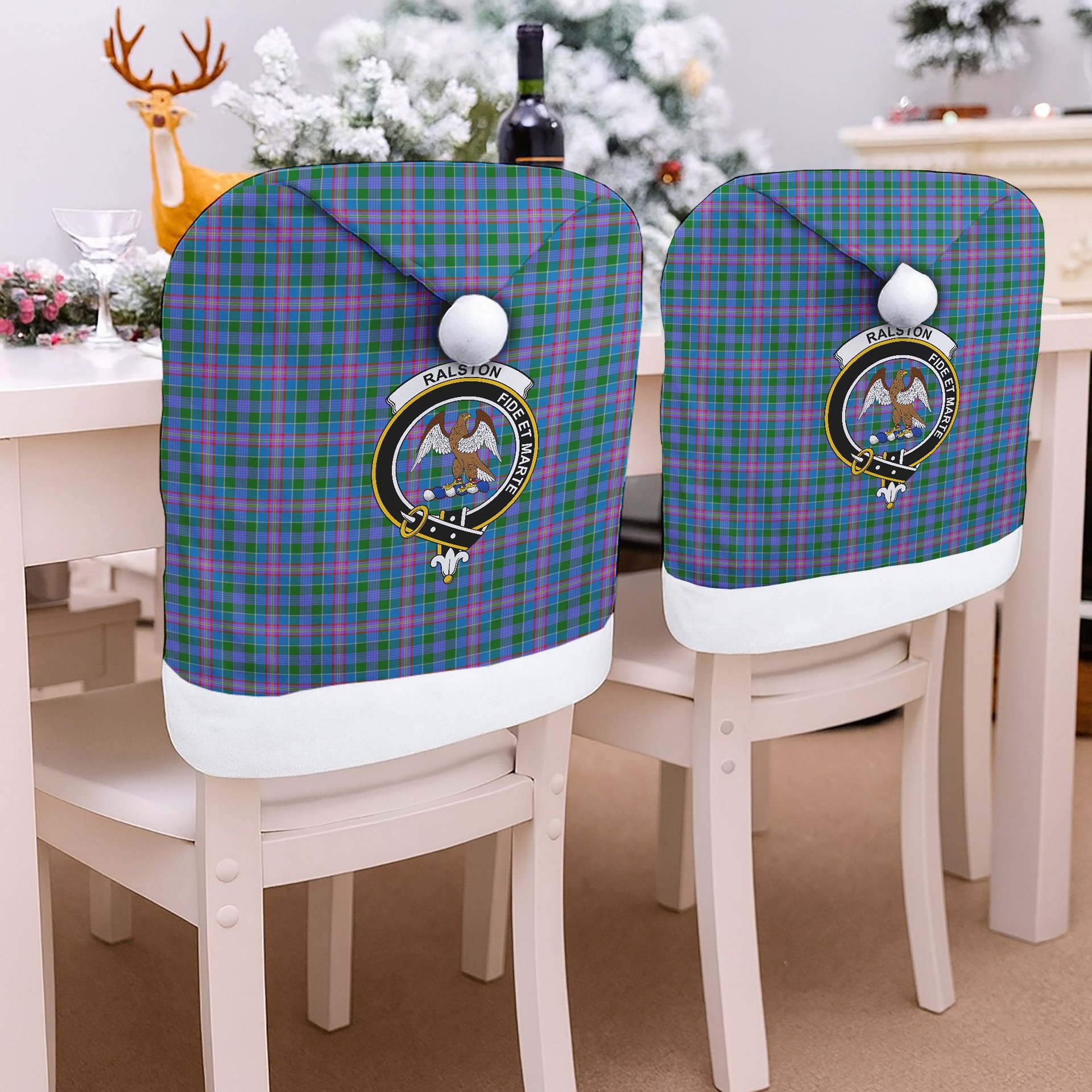 ScotsTee Shop Scottish Ralston Crest Tartan Santa Hat Christmas Chair Covers Decoration Table Dinner