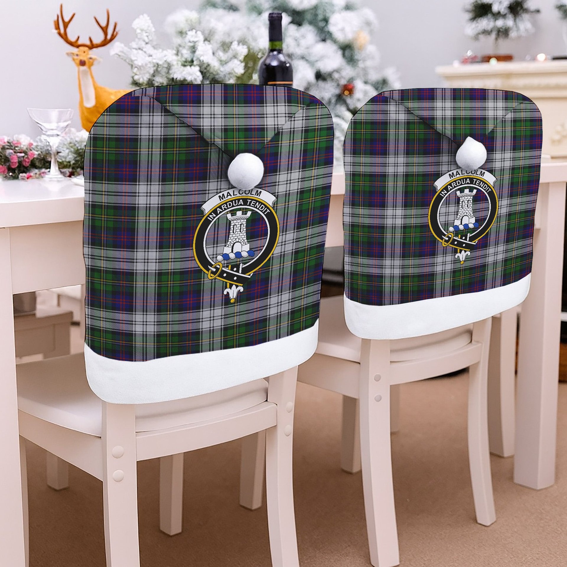 ScotsTee Shop Scottish Malcolm Dress Crest Tartan Santa Hat Christmas Chair Covers Decoration Table Dinner