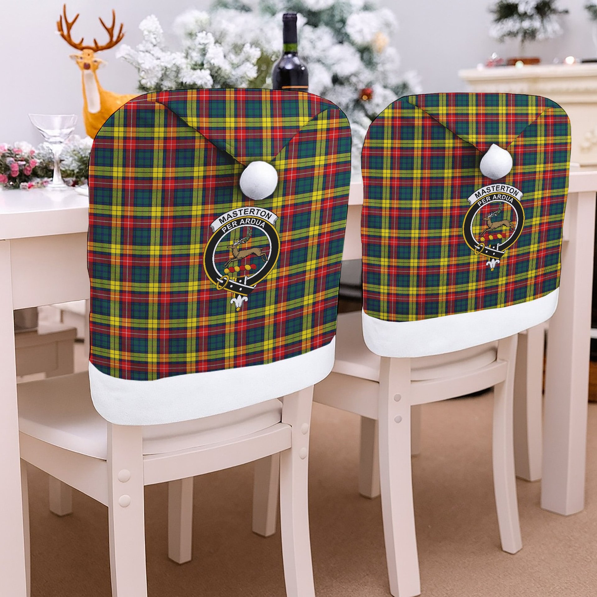 ScotsTee Shop Scottish Masterton Crest Tartan Santa Hat Christmas Chair Covers Decoration Table Dinner