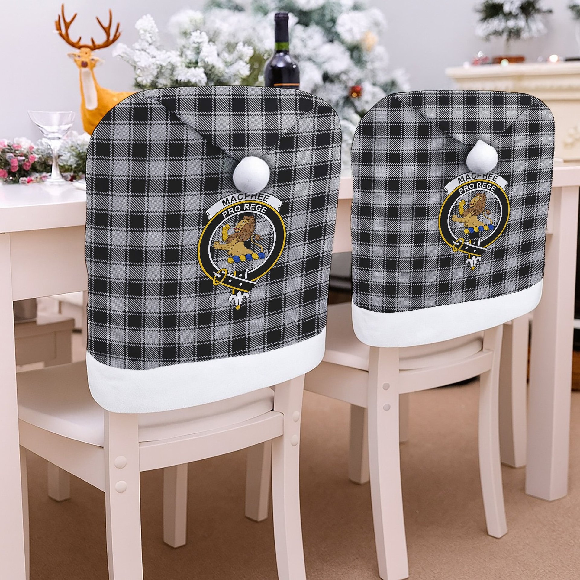 ScotsTee Shop Scottish MacPhee Black and White Crest Tartan Santa Hat Christmas Chair Covers Decoration Table Dinner