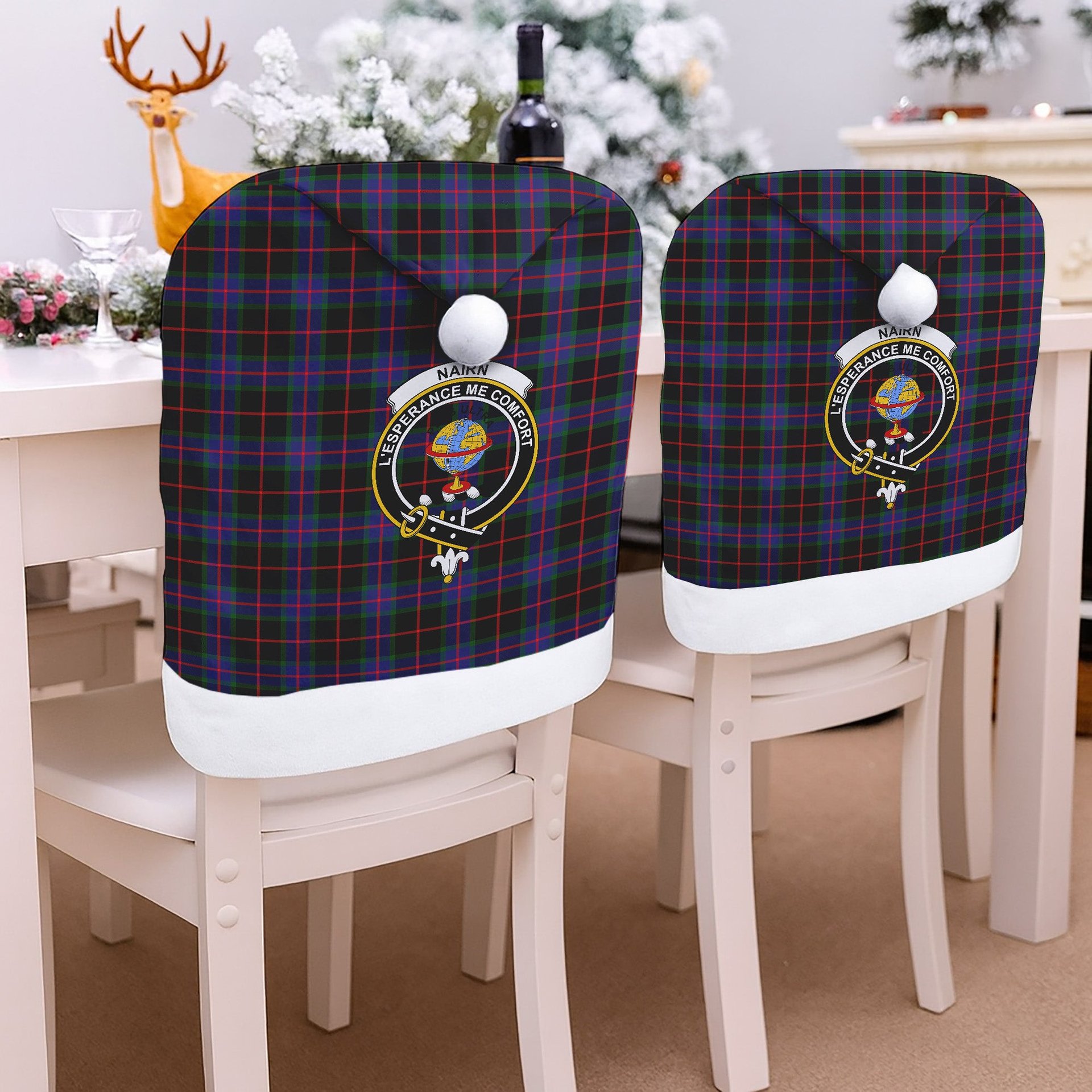 ScotsTee Shop Scottish Nairn Crest Tartan Santa Hat Christmas Chair Covers Decoration Table Dinner