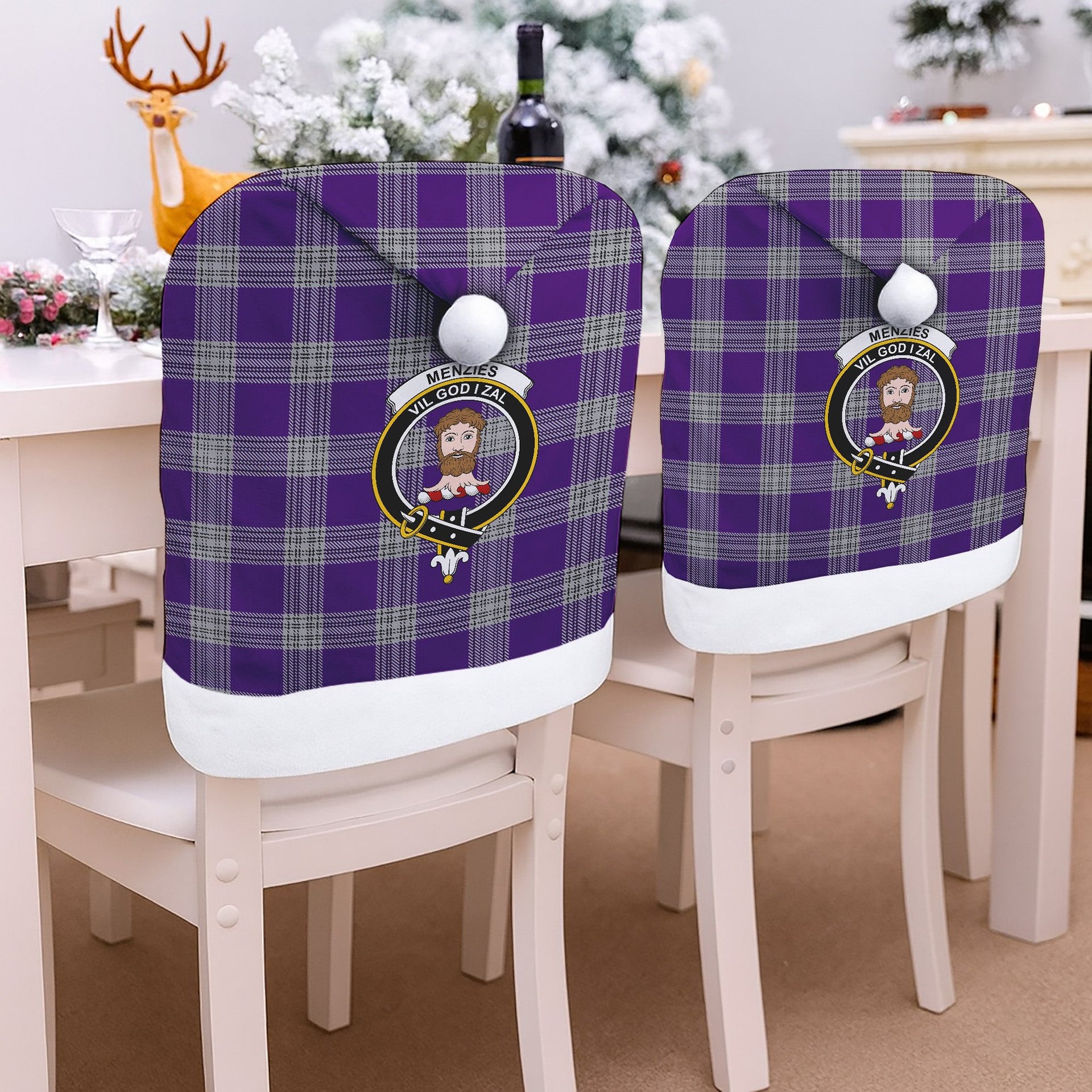 ScotsTee Shop Scottish Menzies Mauve and White Crest Tartan Santa Hat Christmas Chair Covers Decoration Table Dinner