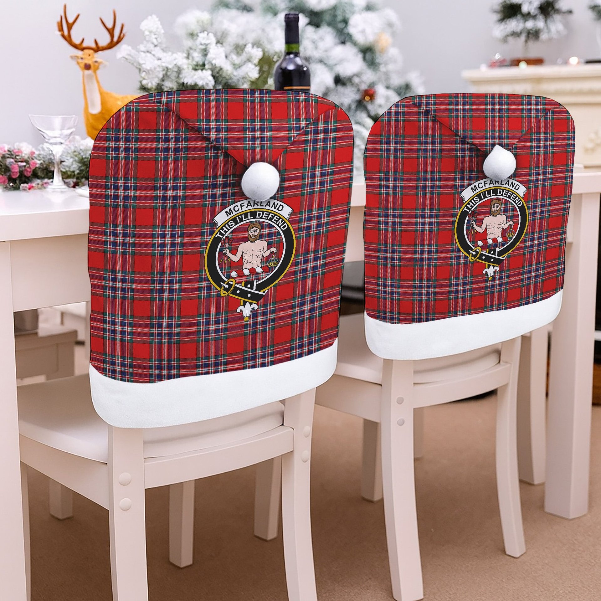 ScotsTee Shop Scottish McFarland Red Modern Crest Tartan Santa Hat Christmas Chair Covers Decoration Table Dinner