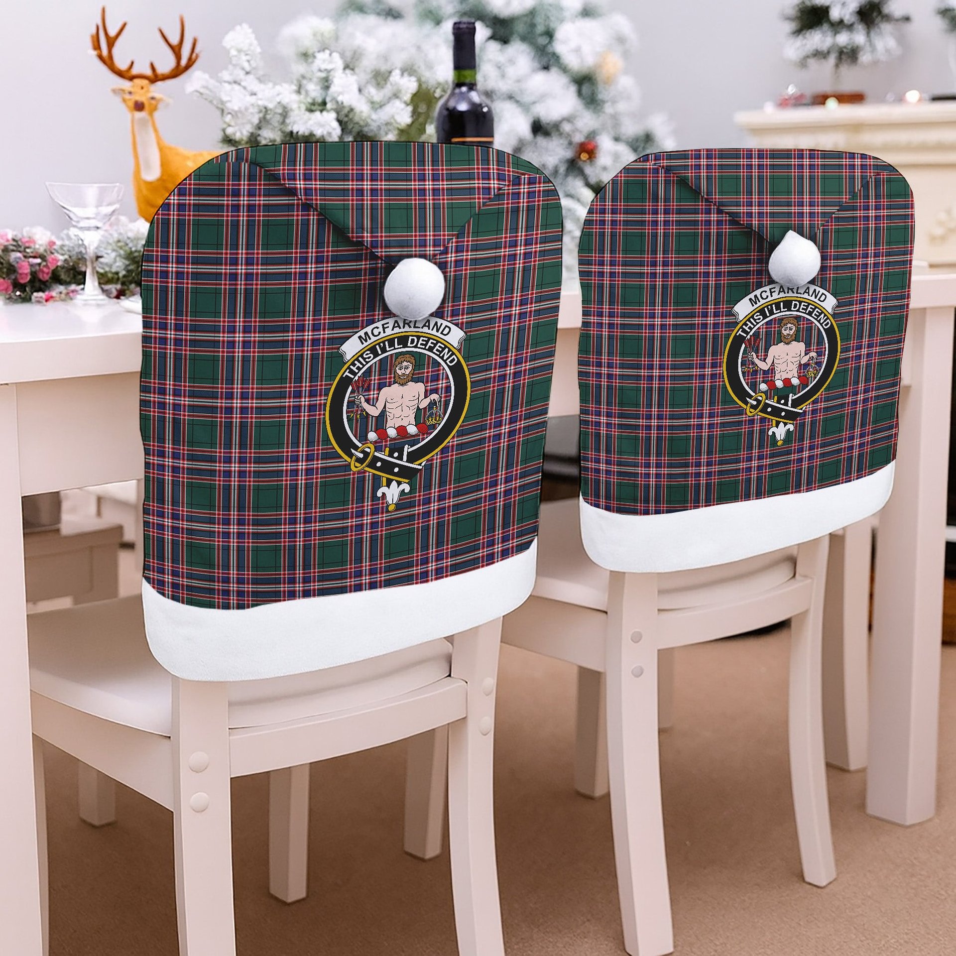 ScotsTee Shop Scottish McFarland Hunting Modern Crest Tartan Santa Hat Christmas Chair Covers Decoration Table Dinner
