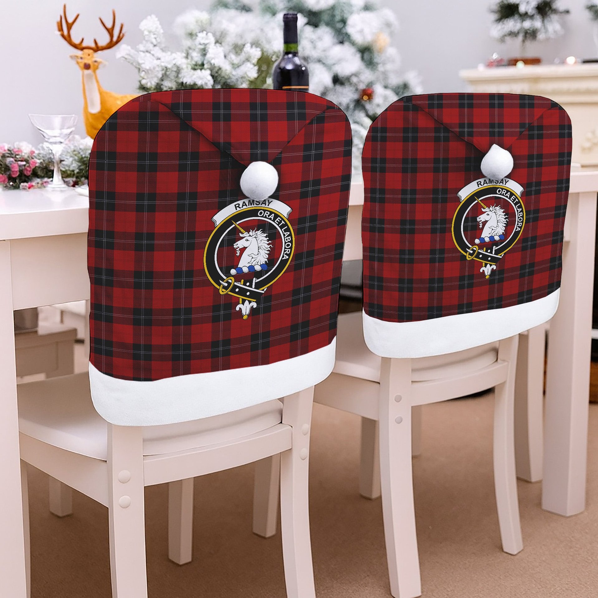 ScotsTee Shop Scottish Ramsay Red Crest Tartan Santa Hat Christmas Chair Covers Decoration Table Dinner