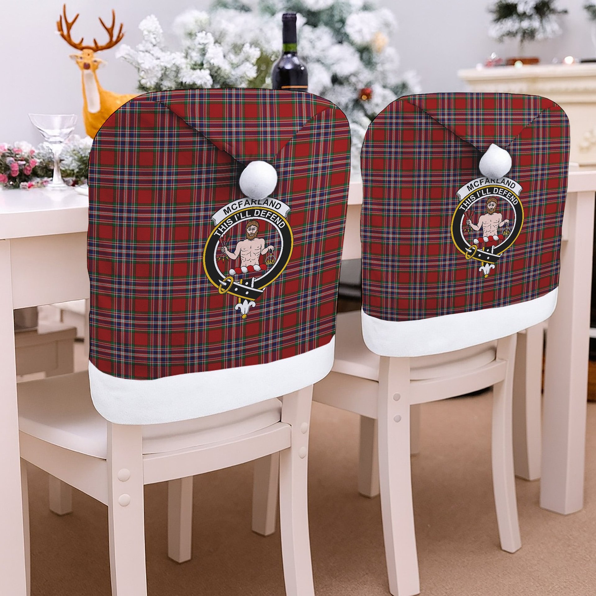 ScotsTee Shop Scottish McFarland Red Crest Tartan Santa Hat Christmas Chair Covers Decoration Table Dinner