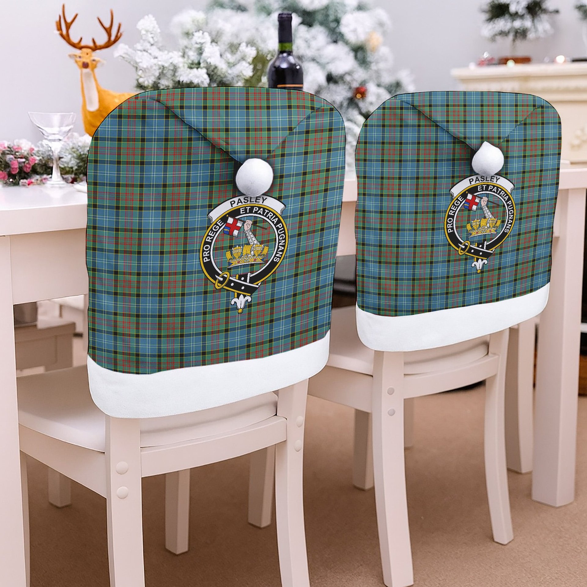 ScotsTee Shop Scottish Pasley District Crest Tartan Santa Hat Christmas Chair Covers Decoration Table Dinner