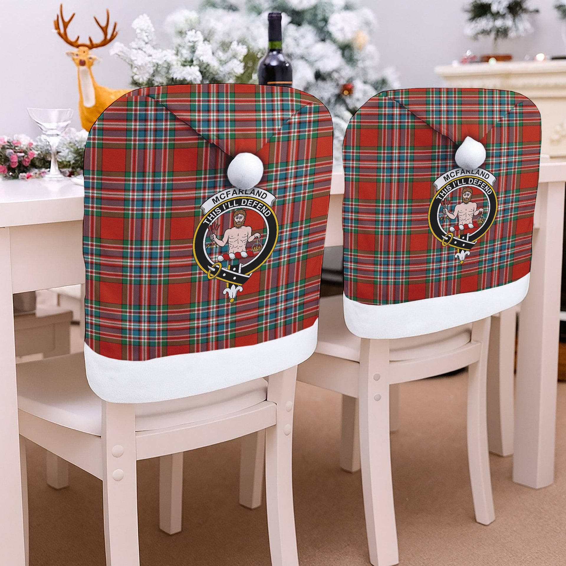 ScotsTee Shop Scottish McFarland Red Ancient Crest Tartan Santa Hat Christmas Chair Covers Decoration Table Dinner