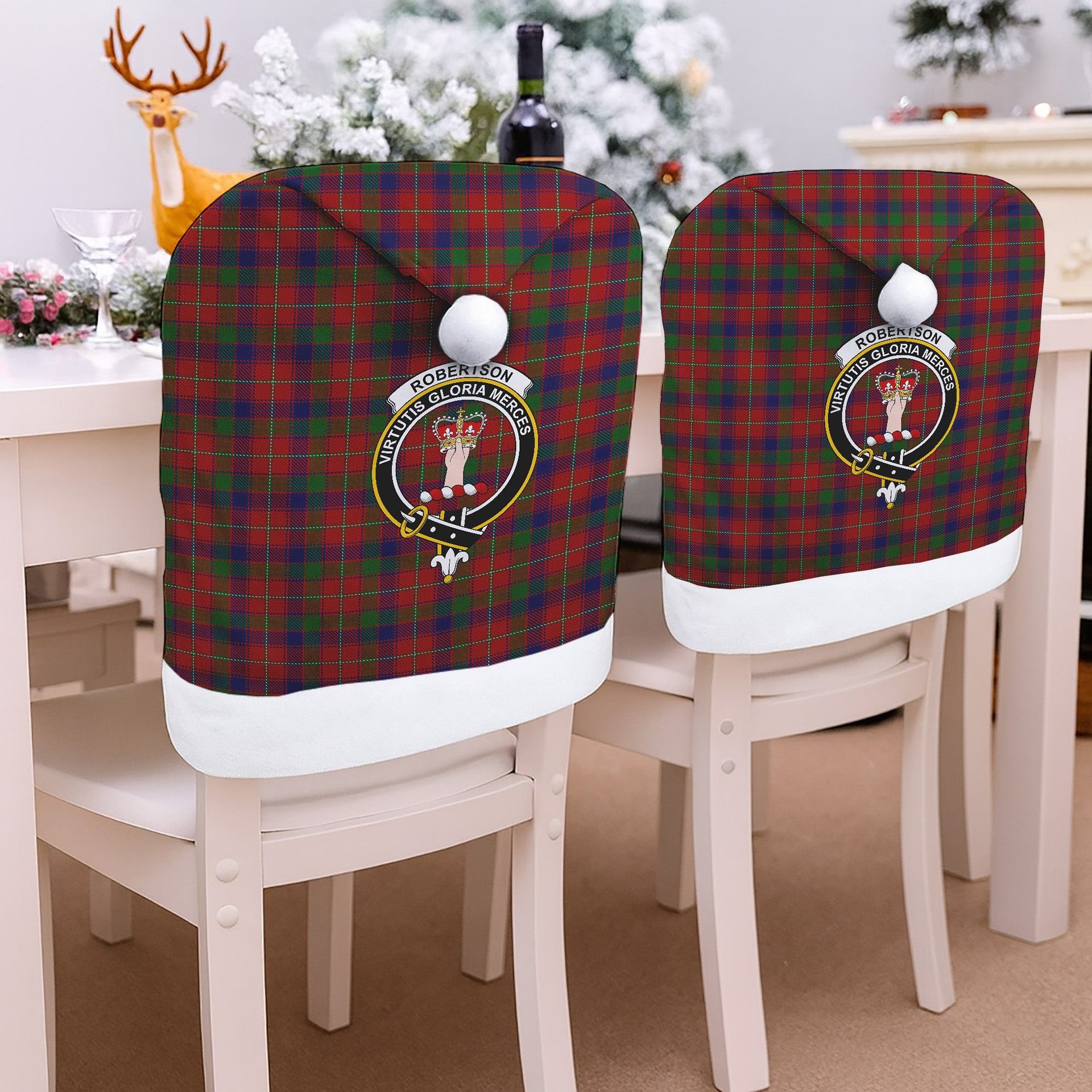 ScotsTee Shop Scottish Robertson White line Crest Tartan Santa Hat Christmas Chair Covers Decoration Table Dinner