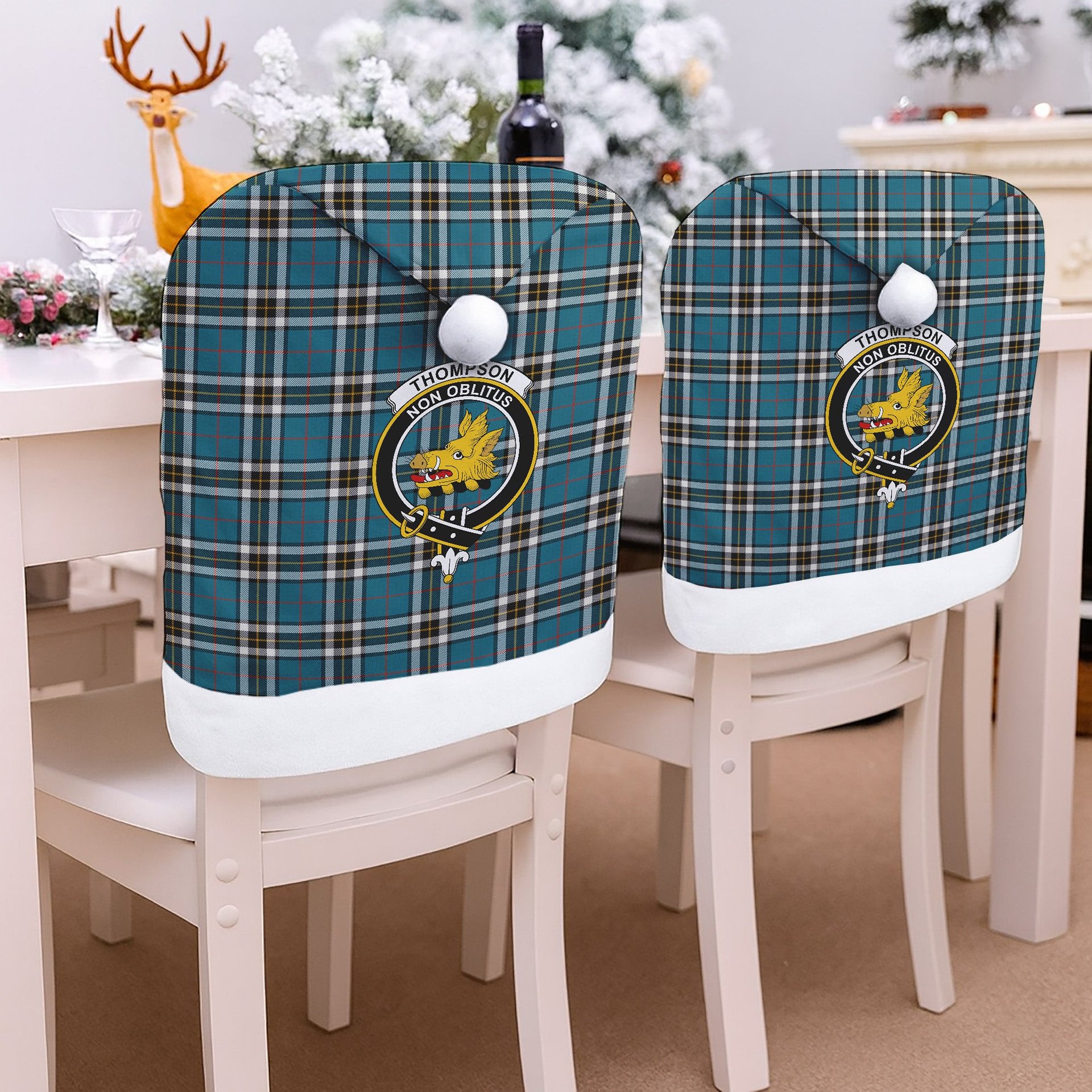 ScotsTee Shop Scottish Thompson Society Dress Blue Ancient Crest Tartan Santa Hat Christmas Chair Covers Decoration Table Dinner