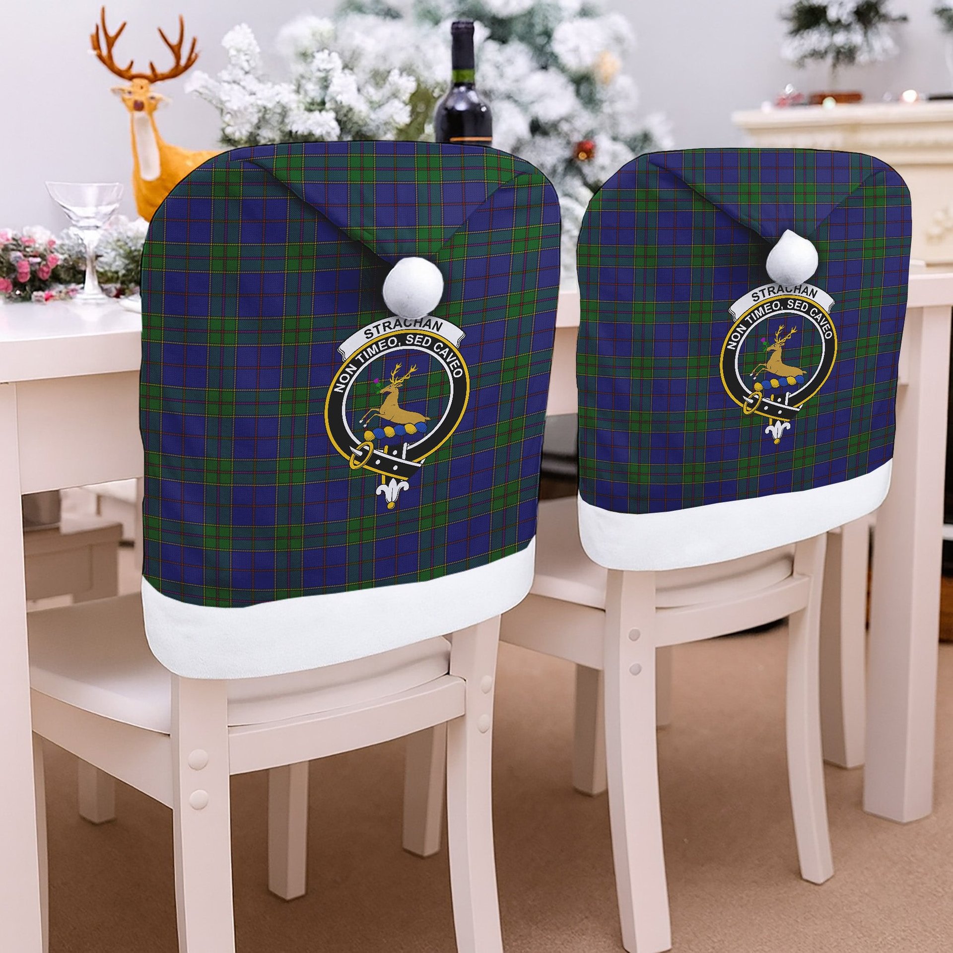 ScotsTee Shop Scottish Strachan Crest Tartan Santa Hat Christmas Chair Covers Decoration Table Dinner