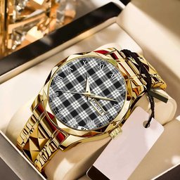 MacFarland Black White Tartan Watch Alloy Quartz Watch with Leather Box