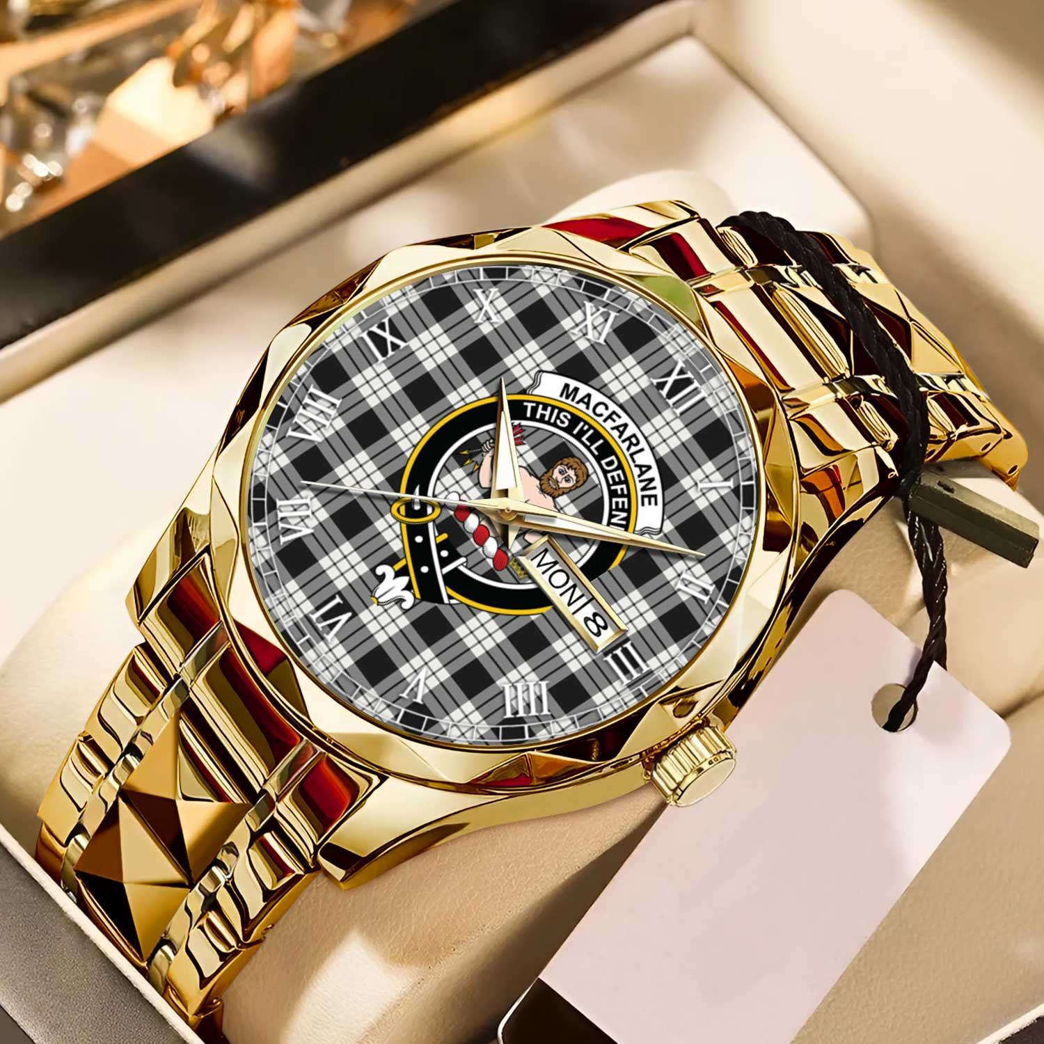 MacFarland Black White Tartan Watch Alloy Quartz Watch with Leather Box