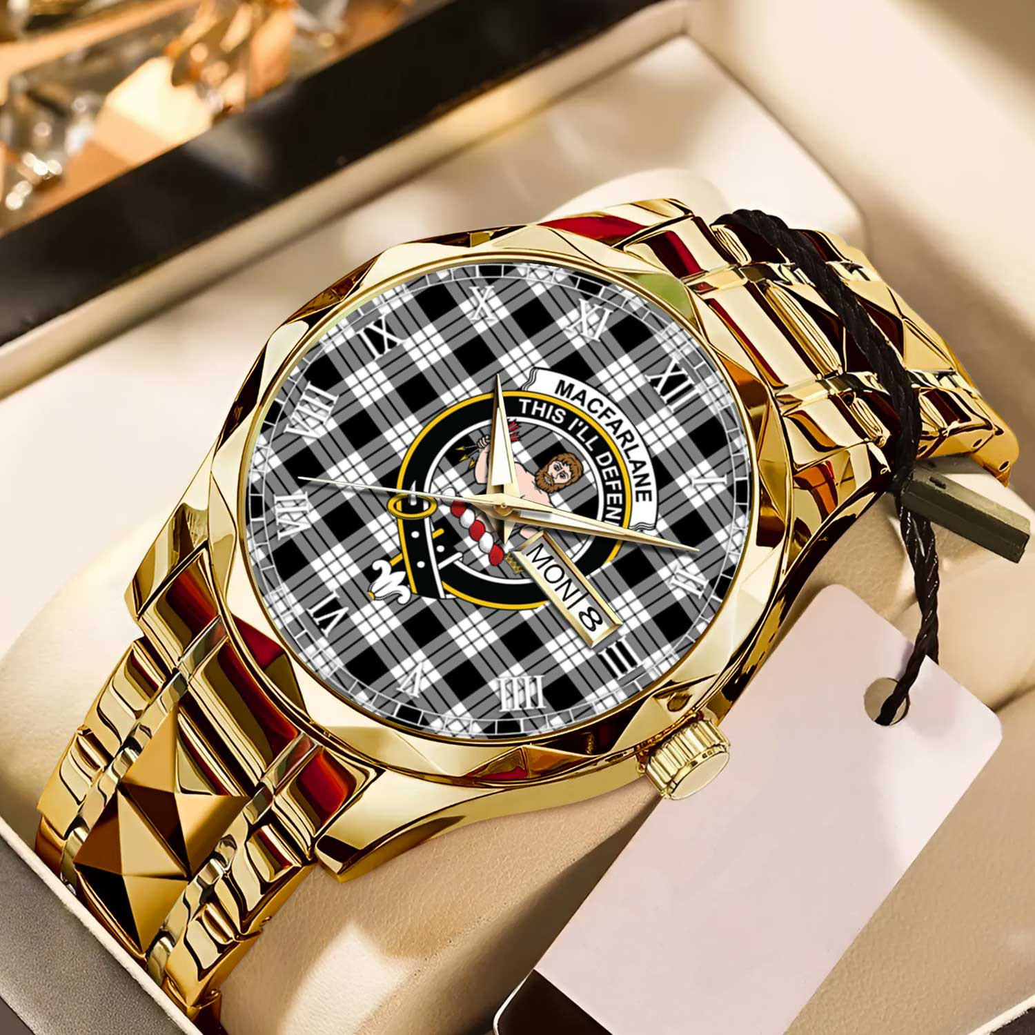 MacFarland Black White Ancient Tartan Watch Alloy Quartz Watch with Leather Box