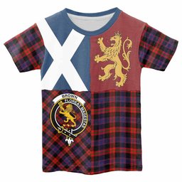 ScotsTee Shop Scottish Brown (Broun) Crest Tartan T-shirt Lion Rampant Saltire Style