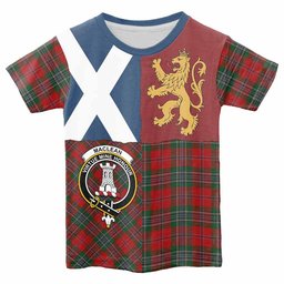 ScotsTee Shop Scottish MacLean (McLean) Crest Tartan T-shirt Lion Rampant Saltire Style