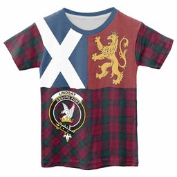 ScotsTee Shop Scottish Lindsay Crest Tartan T-shirt Lion Rampant Saltire Style