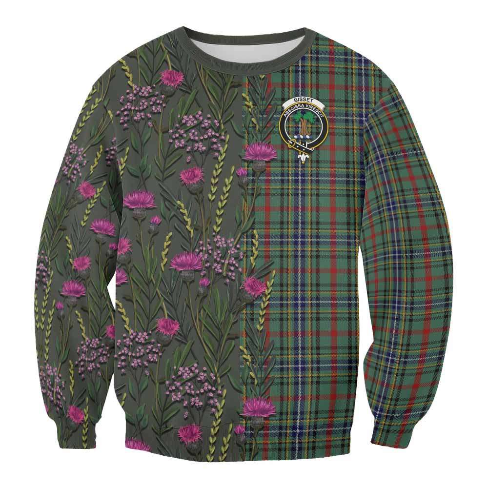 ScotsTee Shop Scottish Bisset Family Crest Tartan Sweatshirt Scottish Thistle Flower Pattern Half Style