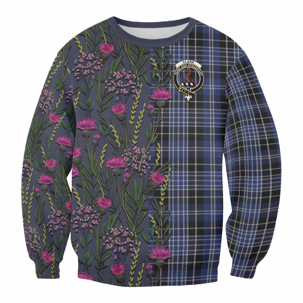 ScotsTee Shop Scottish Clark (Clarke) Family Crest Tartan Sweatshirt Scottish Thistle Flower Pattern Half Style