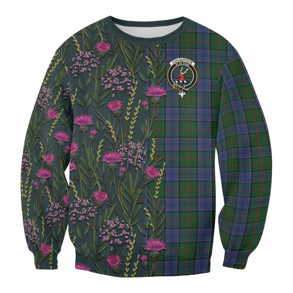 ScotsTee Shop Scottish Colquhoun Family Crest Tartan Sweatshirt Scottish Thistle Flower Pattern Half Style