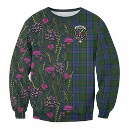 ScotsTee Shop Scottish Colquhoun Family Crest Tartan Sweatshirt Scottish Thistle Flower Pattern Half Style