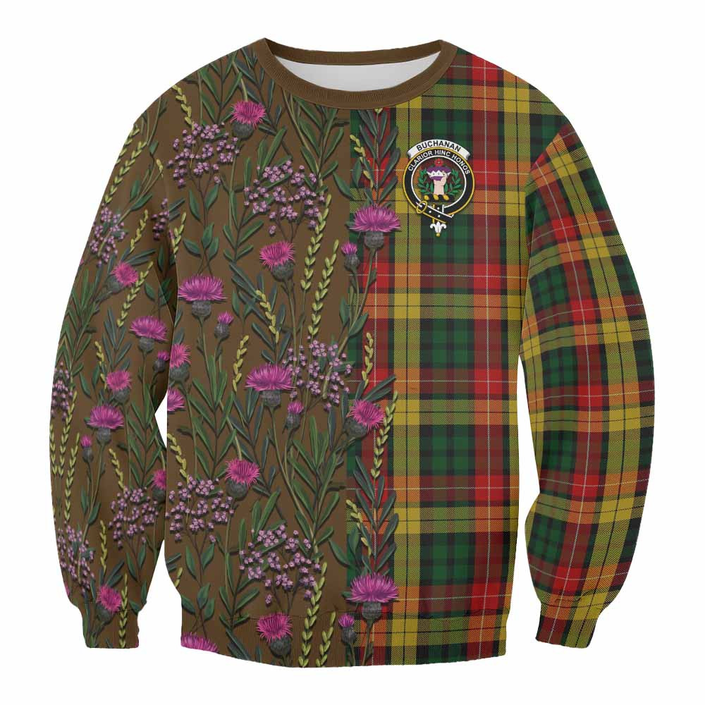 ScotsTee Shop Scottish Buchanan Family Crest Tartan Sweatshirt Scottish Thistle Flower Pattern Half Style