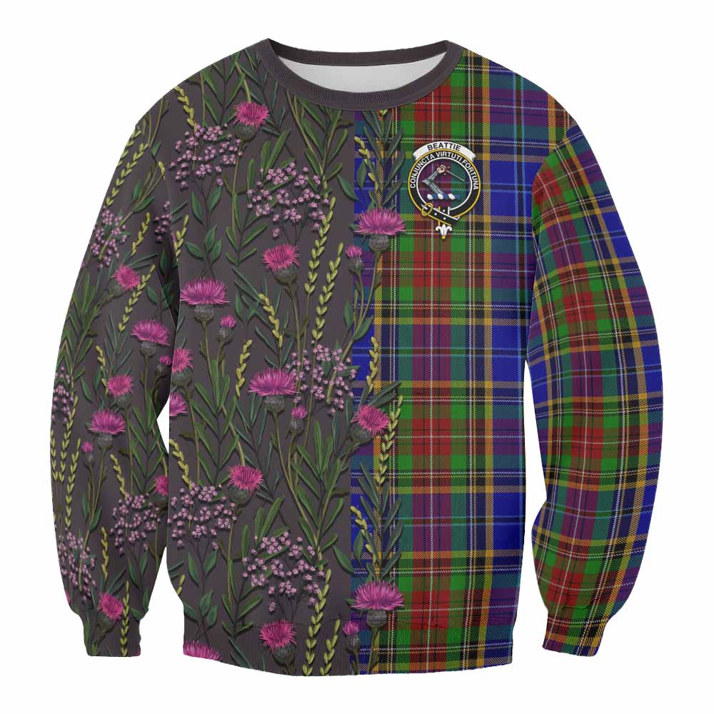 ScotsTee Shop Scottish Beattie (Beatty) Family Crest Tartan Sweatshirt Scottish Thistle Flower Pattern Half Style
