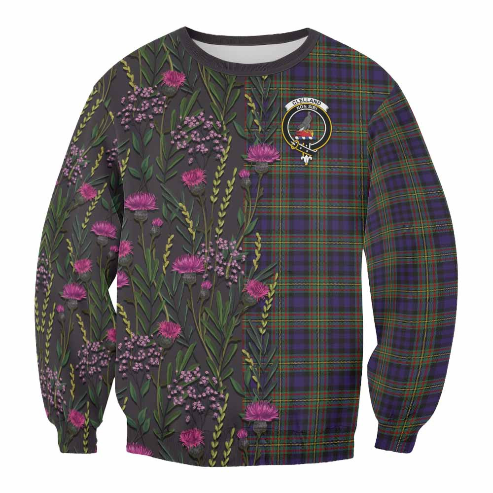 ScotsTee Shop Scottish Clelland Family Crest Tartan Sweatshirt Scottish Thistle Flower Pattern Half Style
