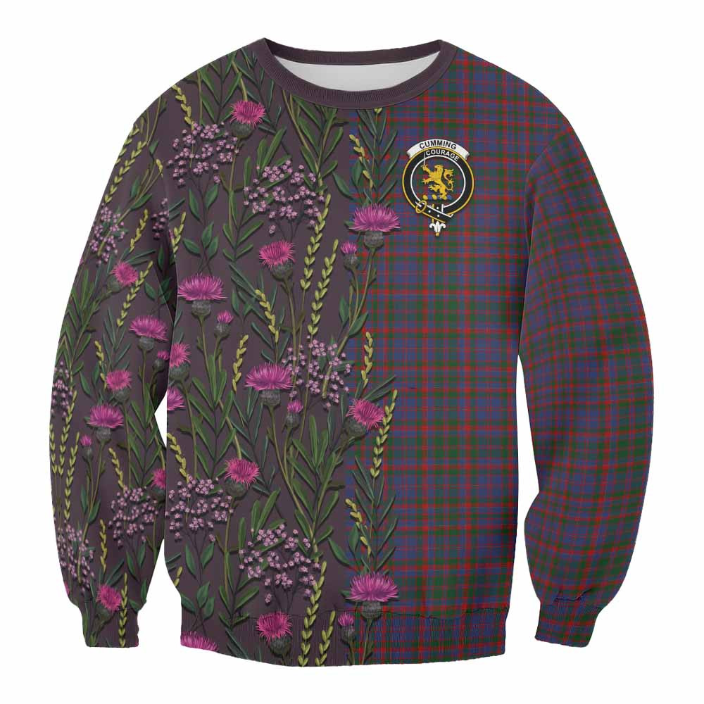 ScotsTee Shop Scottish Cumming Family Crest Tartan Sweatshirt Scottish Thistle Flower Pattern Half Style