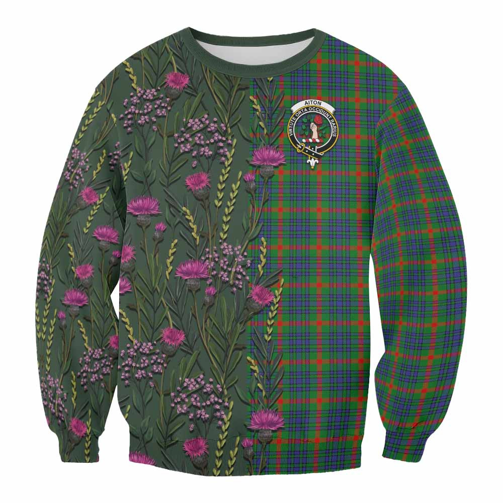 ScotsTee Shop Scottish Aiton Family Crest Tartan Sweatshirt Scottish Thistle Flower Pattern Half Style