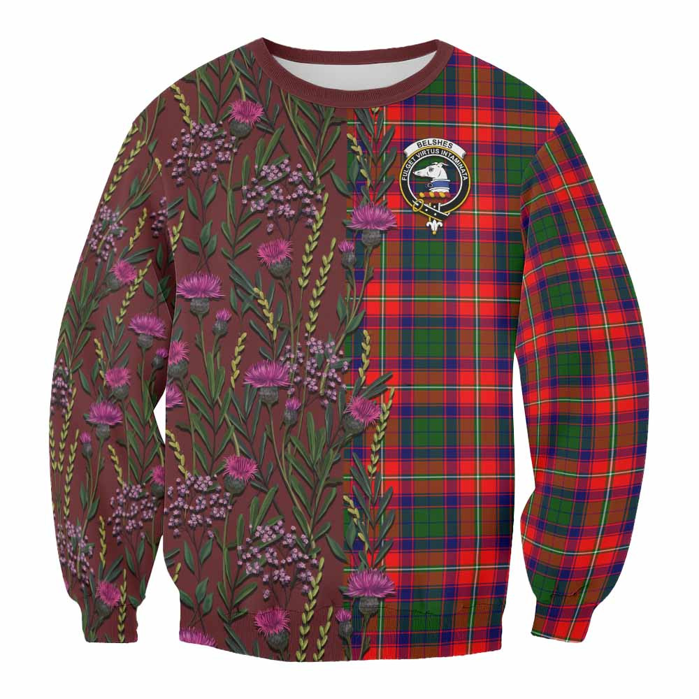 ScotsTee Shop Scottish Belshes (Belsches) Family Crest Tartan Sweatshirt Scottish Thistle Flower Pattern Half Style
