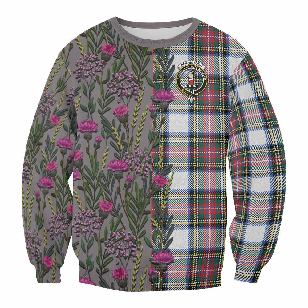 ScotsTee Shop Scottish Dennistoun Family Crest Tartan Sweatshirt Scottish Thistle Flower Pattern Half Style