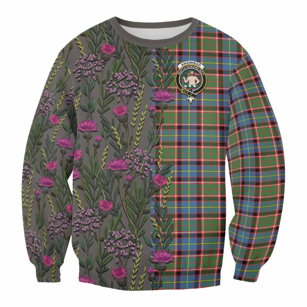 ScotsTee Shop Scottish Aikenhead Family Crest Tartan Sweatshirt Scottish Thistle Flower Pattern Half Style