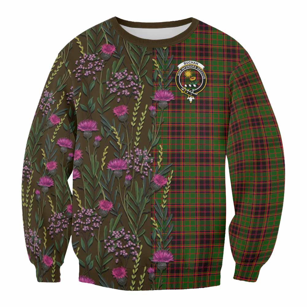 ScotsTee Shop Scottish Buchan Family Crest Tartan Sweatshirt Scottish Thistle Flower Pattern Half Style