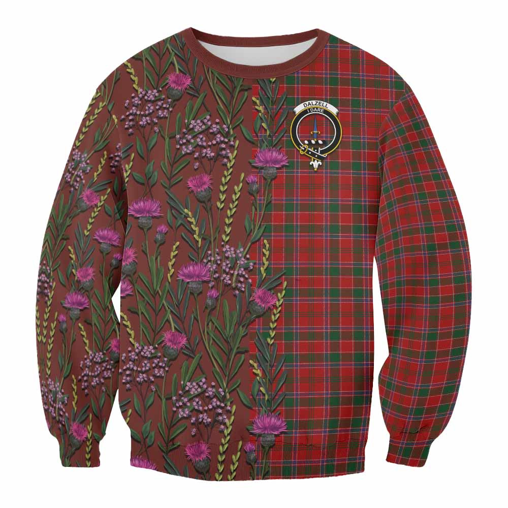 ScotsTee Shop Scottish Dalzell (Dalziel) Family Crest Tartan Sweatshirt Scottish Thistle Flower Pattern Half Style