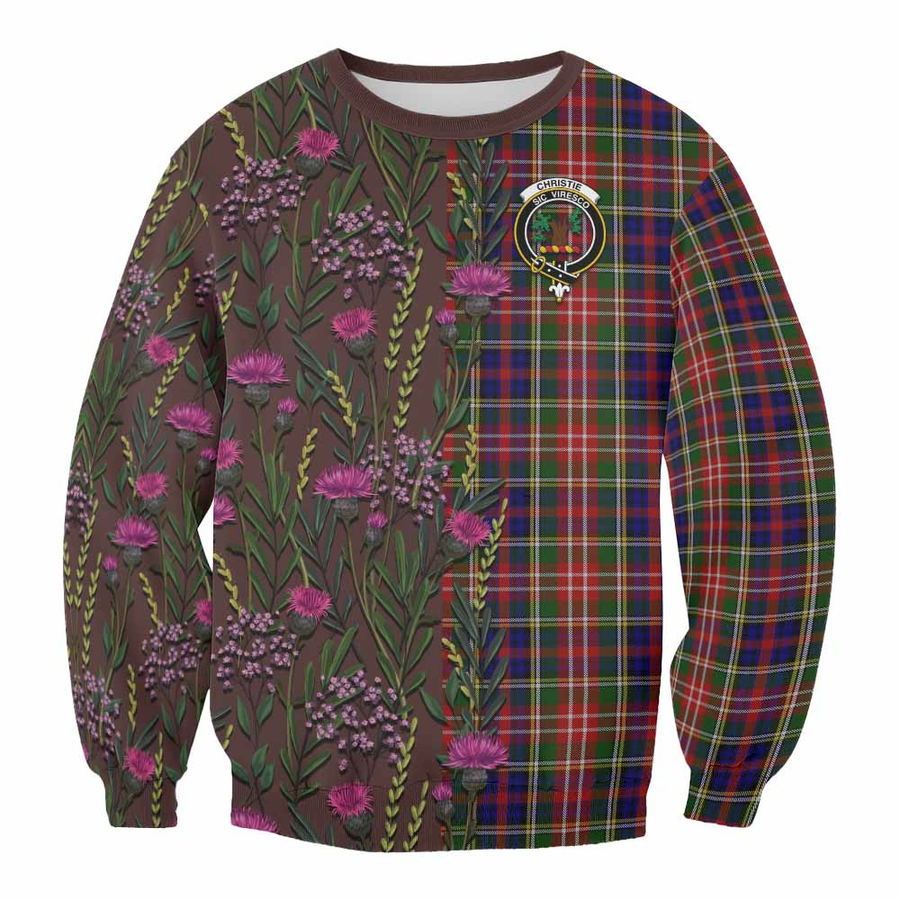 ScotsTee Shop Scottish Christie Family Crest Tartan Sweatshirt Scottish Thistle Flower Pattern Half Style