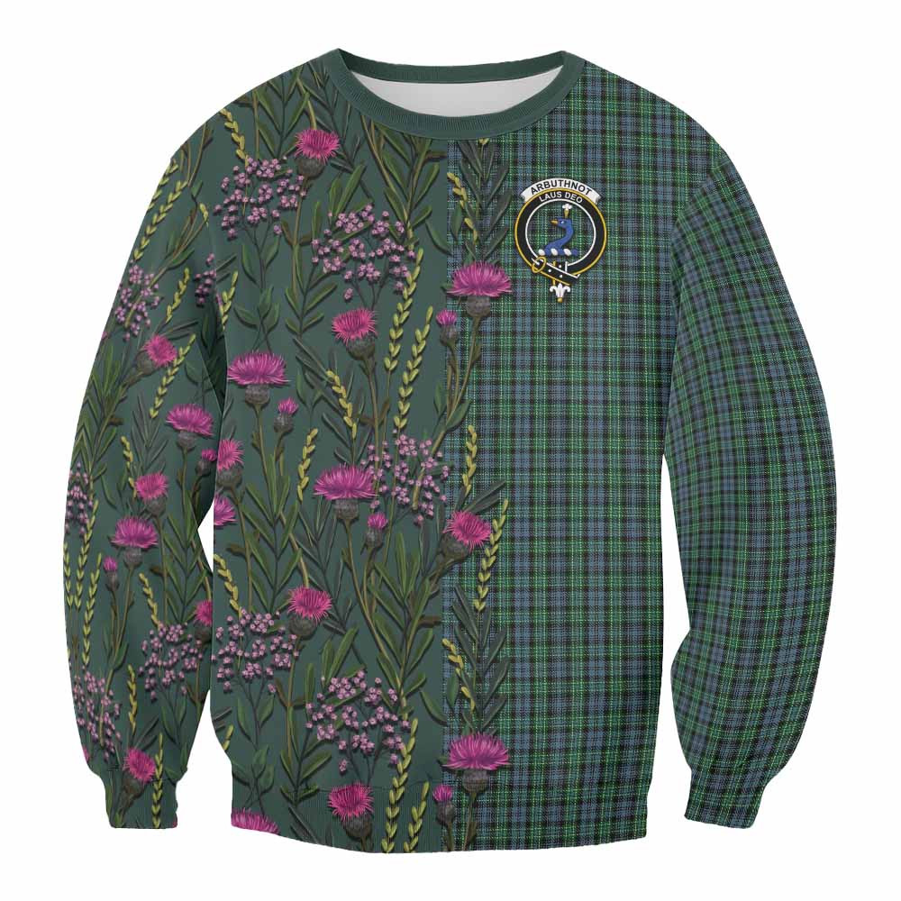 ScotsTee Shop Scottish Arbuthnot Family Crest Tartan Sweatshirt Scottish Thistle Flower Pattern Half Style