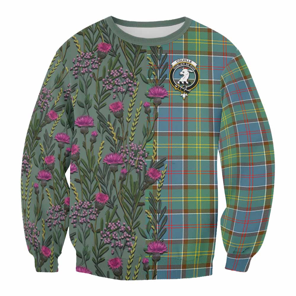 ScotsTee Shop Scottish Colville Family Crest Tartan Sweatshirt Scottish Thistle Flower Pattern Half Style