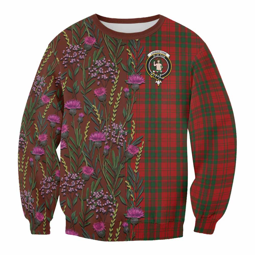 ScotsTee Shop Scottish Livingstone (Livingston) Family Crest Tartan Sweatshirt Scottish Thistle Flower Pattern Half Style